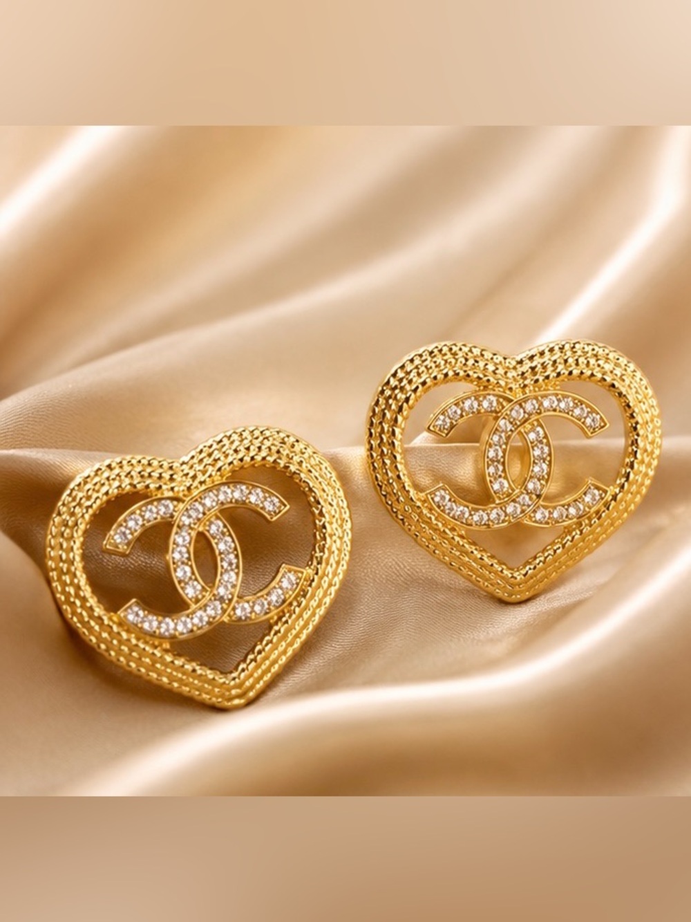 Gold Tone Heart Rhinestone Statement Stud Earrings Elegant Vintage Style